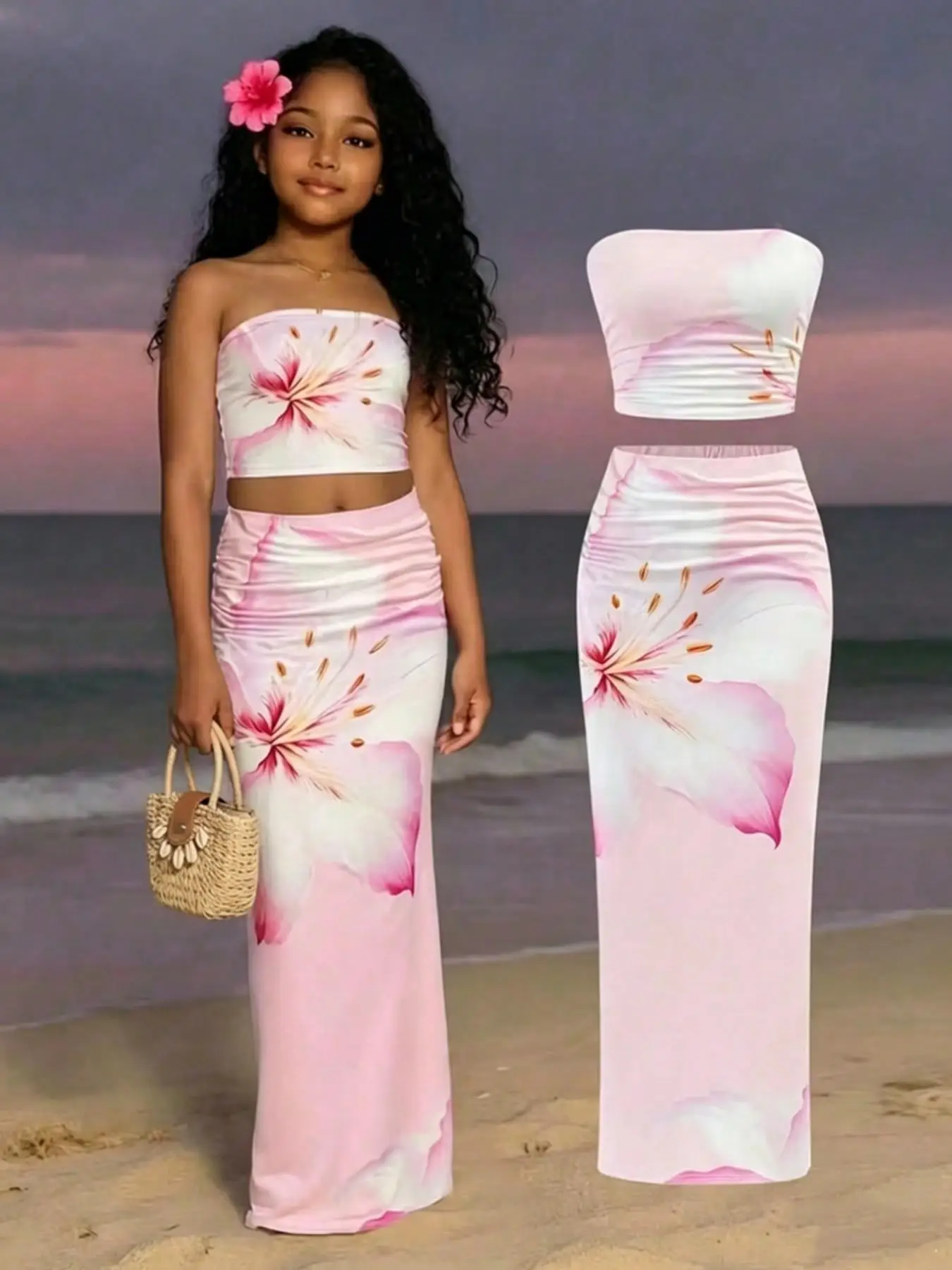 2-teiliges Set für Mädchen, Crop-Top mit Farbverlauf und Hibiskus-Print & Faltenrock, süßer tropischer Stil, atmungsaktiver Stoff, Strand