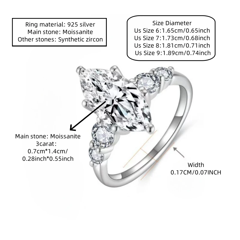 Ein 925er Silberring mit 3 Karat Horse-Eye-Moissanit, speziell geformt, modischer klassischer Ring für Männer und Frauen, Paarring, Ehering. – Detail 5