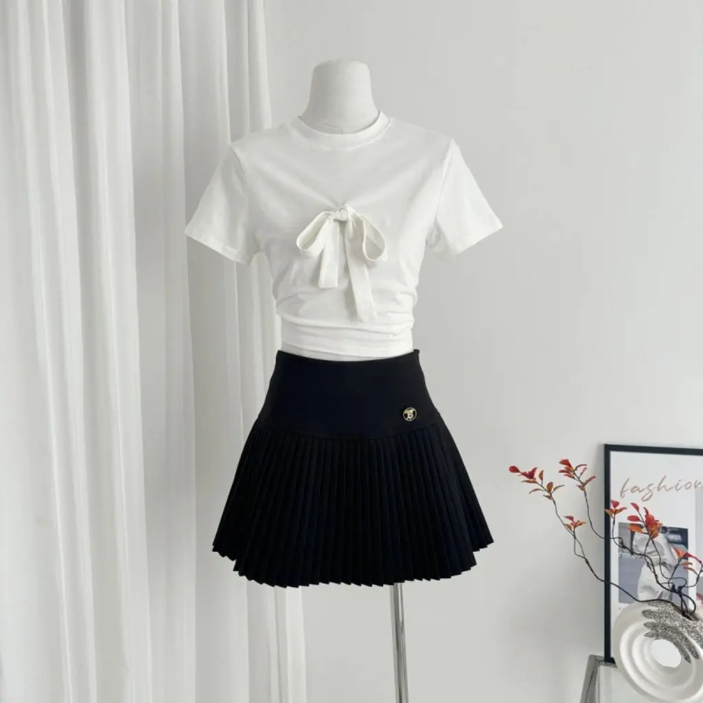 

White Sweet Pleated Skirt for Women High Waist Slimming A-Line Short Skirt Summer New Arrival Academy Style Anti-running