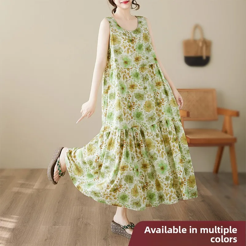 

Summer New Lady's Svel A-Line Dr Vintage Artistic Wrap-Over Ne Loose Fit Large Size Vest Sle Long Cotton Dr