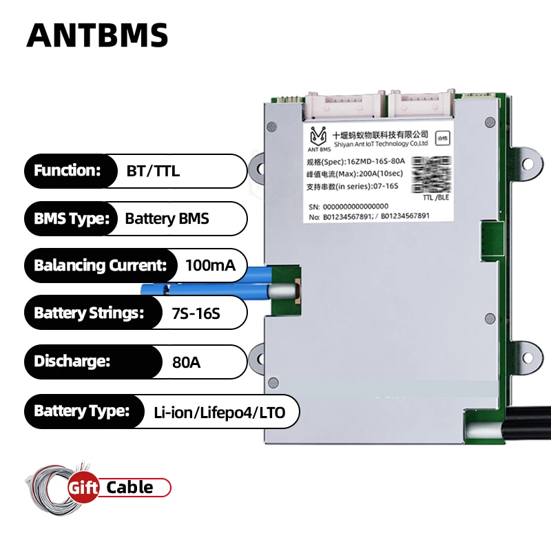 

ANT 7-16S Smart Balance BMS with WiFi 24V-72V LiFePO4/LTO/NCM 80A 200A Bluetooth App Control for Solar/E-Bike/EV Battery Balance