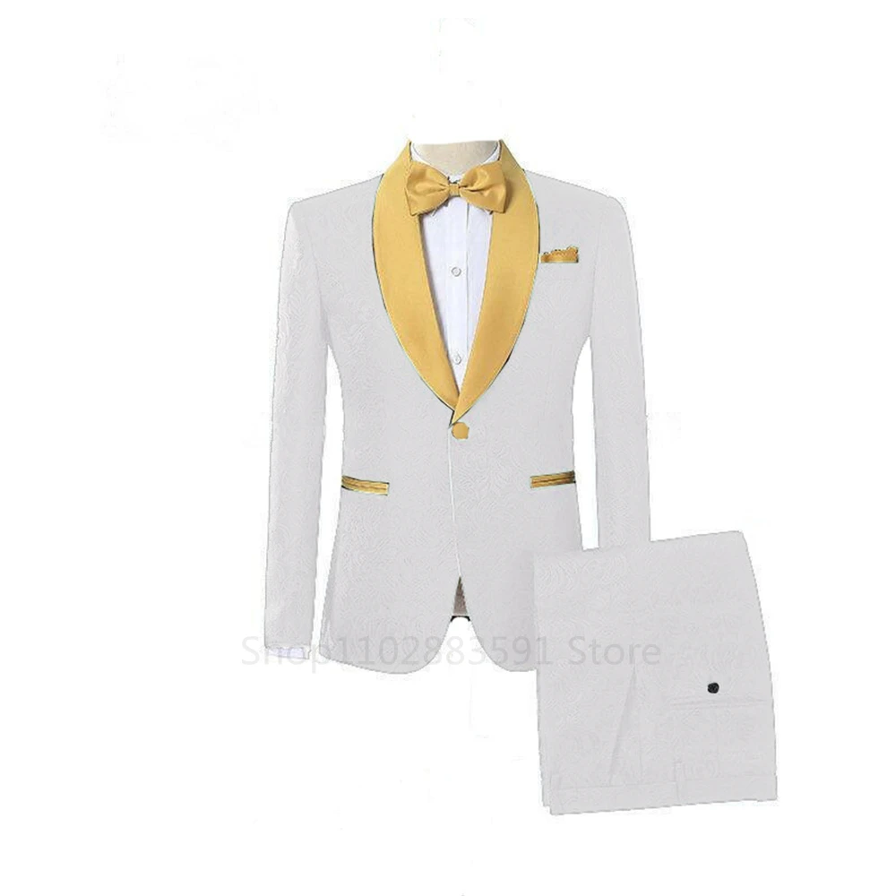 2024 Custom Made Jacquard Groomsmen Ivory Groom Tuxedos White Shawl Lapel Men Wedding Suits Prom Party Best Man Blazer Pants Set