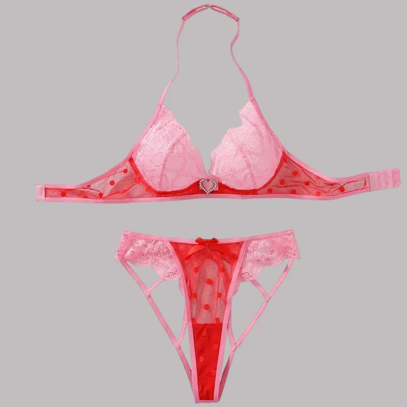 

Tornova Sexy Lingerie Polka Dot Mesh Spliced ​​lace Contrasting Color Sexy Perspective Love Diamond Button Sexy Underwear Set