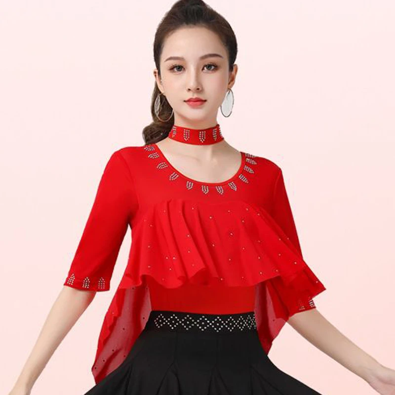 

2026 Summer Women Tops Korean Fashion Diamond Mesh Shirt Halter Neck Short Sleeve Ruffles T Shirt Dance Costume