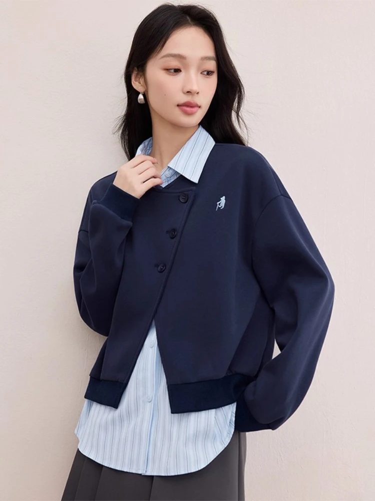 

SENTUBILA Paneled Striped Sweatshirt Woman 2025 Faux Two-Piece Loose-fit Sweatshirt Knit Cardigan Women's Clothing 153AB2931