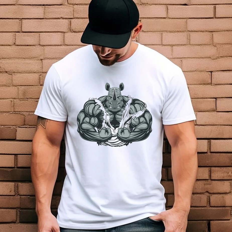 

FPACE Angry Cattle Printed Men T-shirt Vintage Muscular Body Builder Rhino Hip Hop Men's Clothing Women Oversized t-shirt
