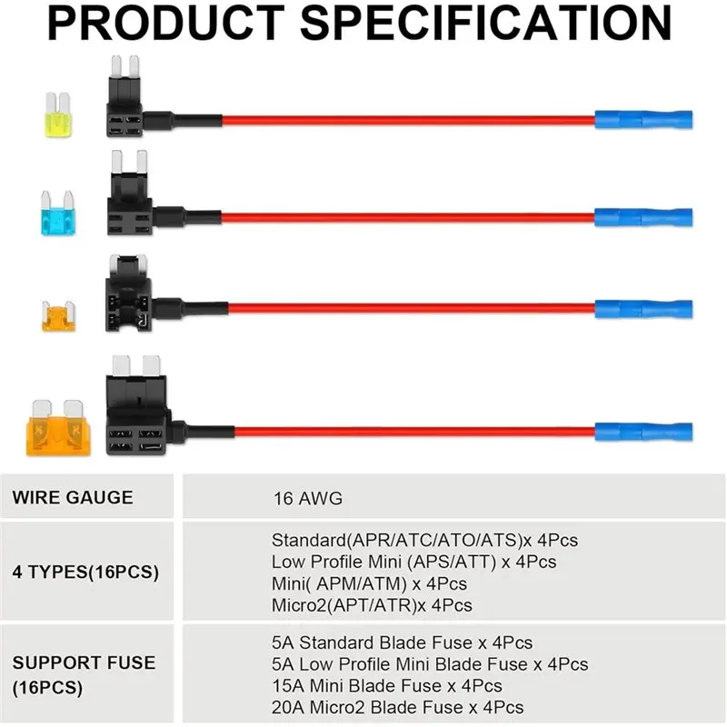 Classy-Car 12V Fuse Tap Kit-16 Pack 4 Types, Standard Mini Micro2 Low Profile Fuses Taps Circuit Add Functionality