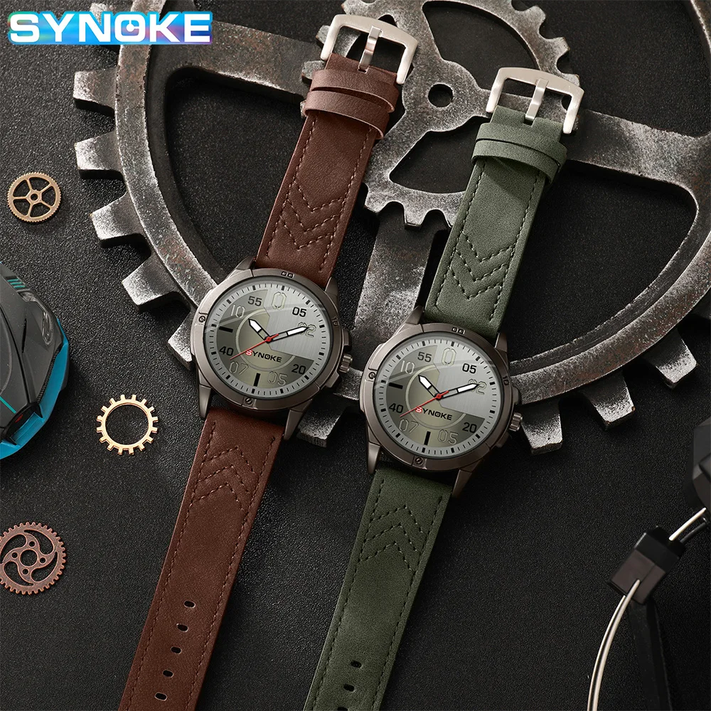 SYNOKE Men Outdoor Sports Quartz Watch Large Screen Display  For Men Fashion Belt Watch Retro Fashion Non Mechanical Watch