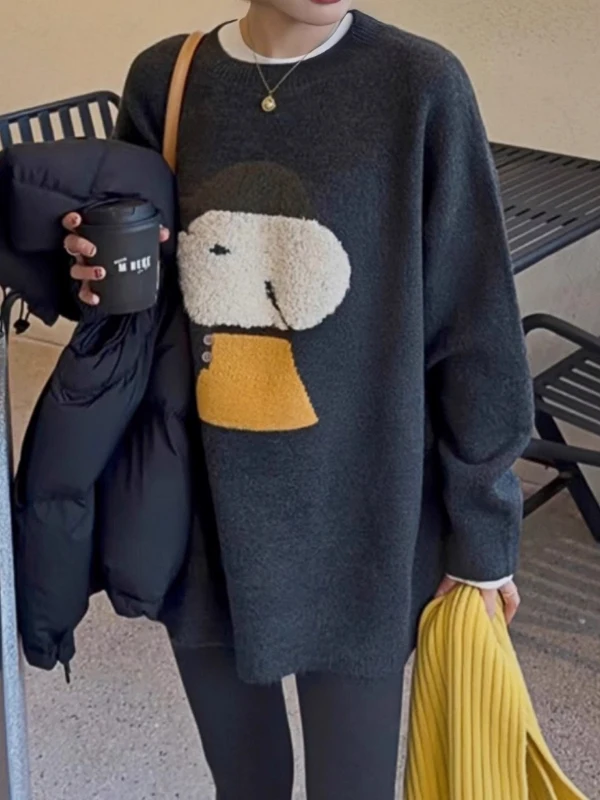 

Вязаный свитер средней длины для женщин в корейском стиле с мультяшными собачками, свободного кроя, осенне-зимний, больших размеров, модный, эксклюзивно онлайн