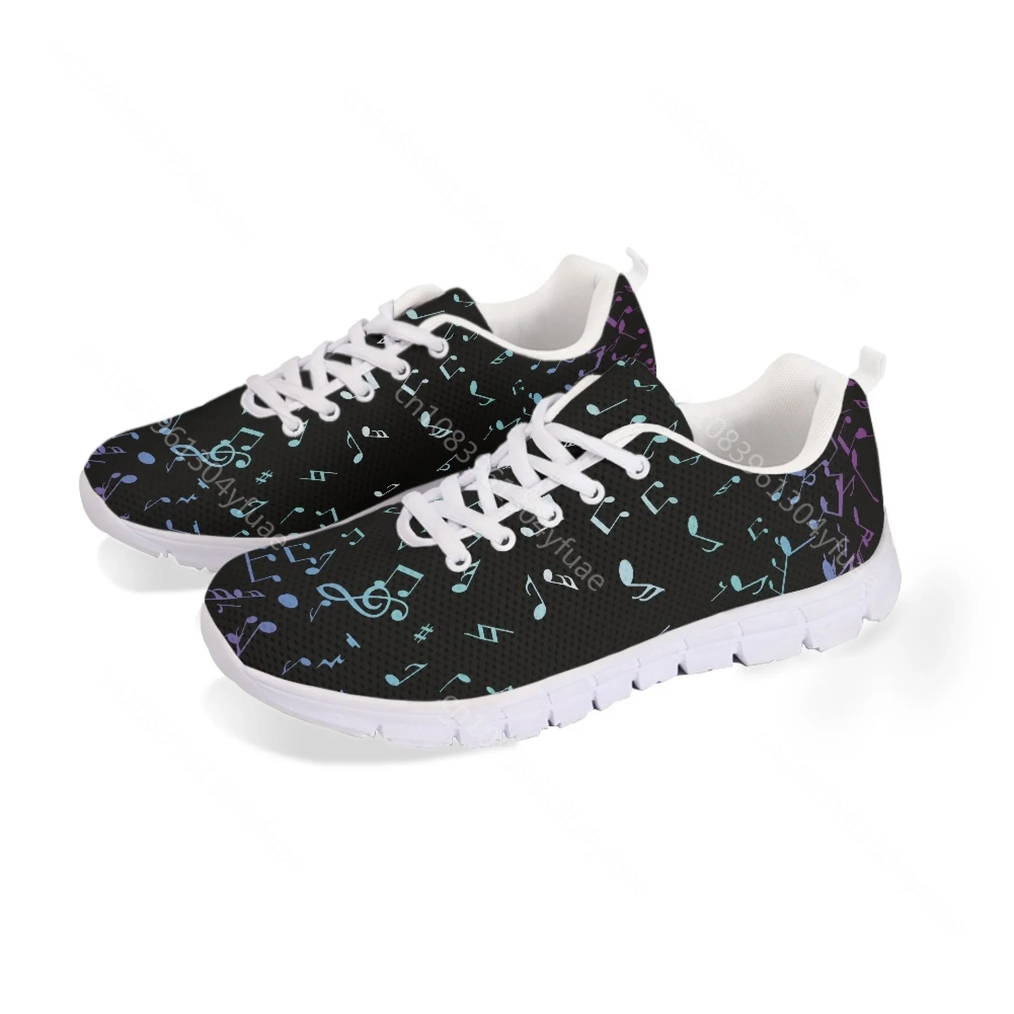 Yikeluo Cartoon Black Musical Notes Ladies Casual Sneakers Breathable Lace up Flat Shoes Light Walk Shoes Footwear Hot