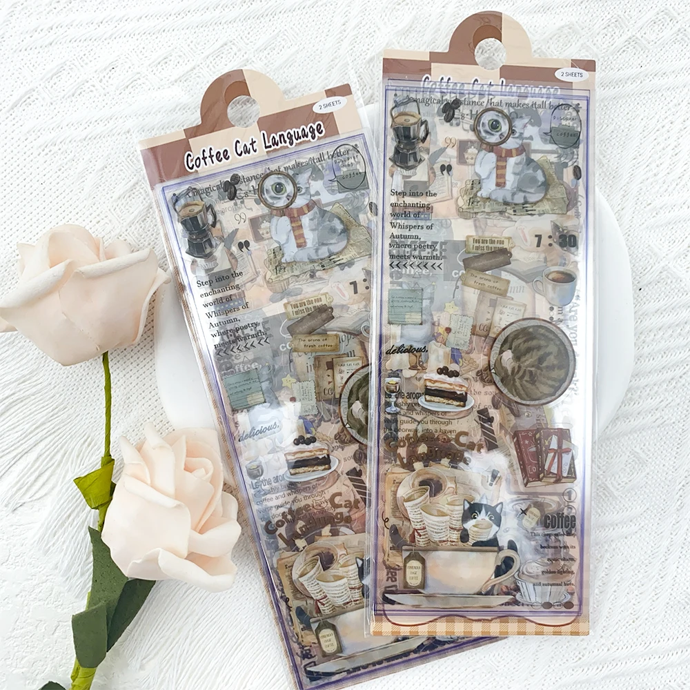 6pcs Coffee Cat Language Transparent PET Stickers Decals For Phone Laptop Luggage Refrigerator Scrapbook DIY Aesthetic Stickers
