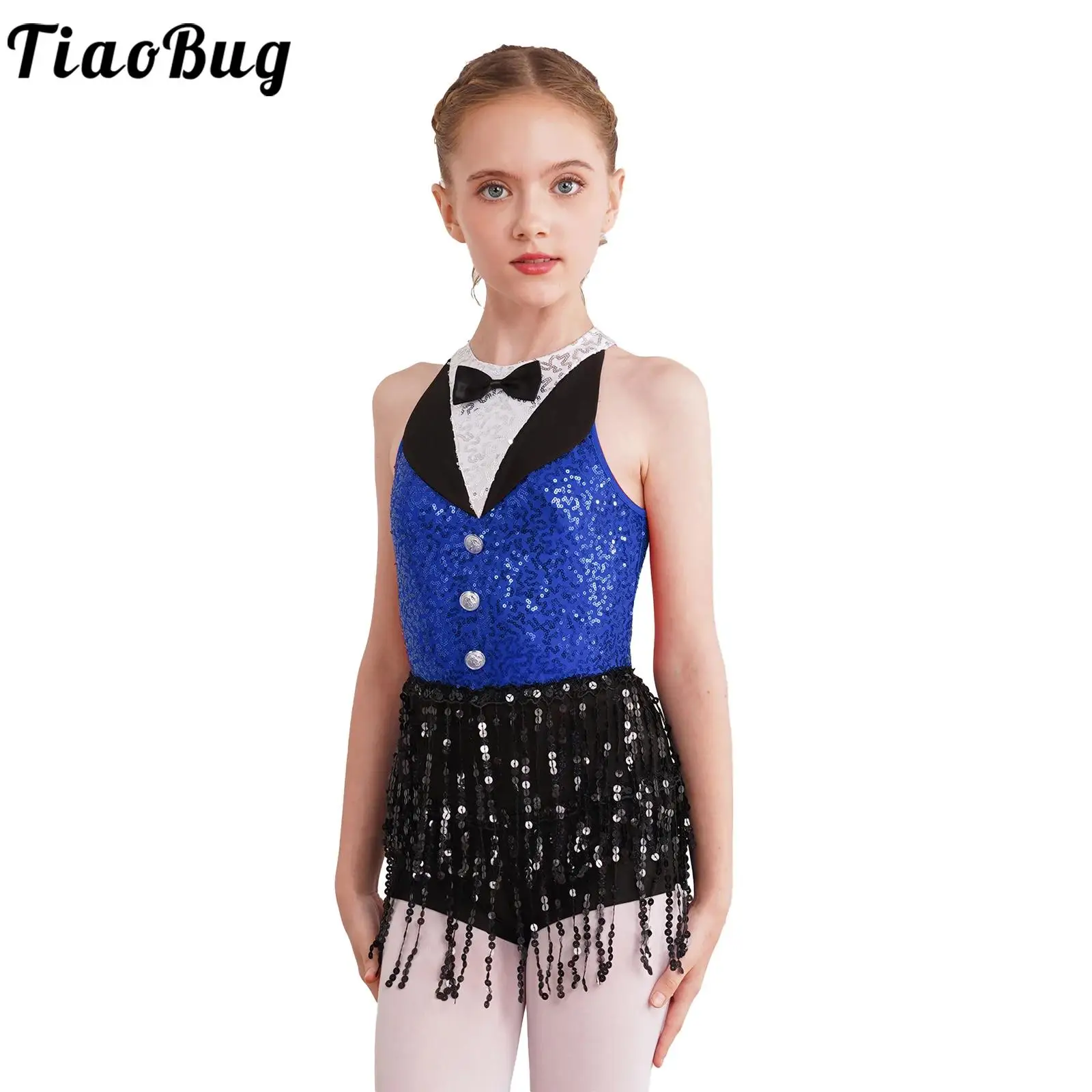 Kids Girls Shiny Sequin Tassel Boyshorts Bodysuit Latin Jazz Dance Dress Teen Fringe Cha-cha Samba Performance Dance Costume