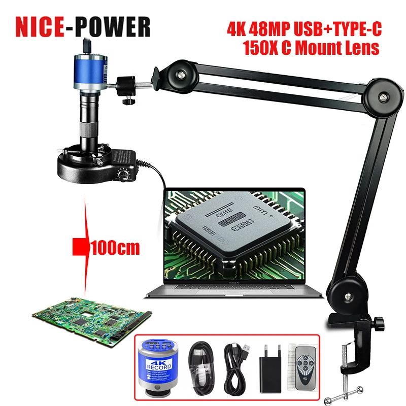 

4K Digits Microscope HD Full Sets Upgrade Adjustable Bracket +150X C Mount Lens+48/13mp HDMI/TYPE-C/USB/VGA Video Camera Enlarge