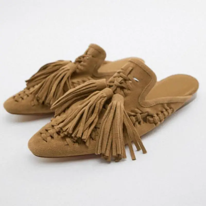 Street Style Modern Slippers 2024 Summer Flats Sandals Women\'s Flat With Mueller Shoes Handmake Woven Tassel Slides Sandalias