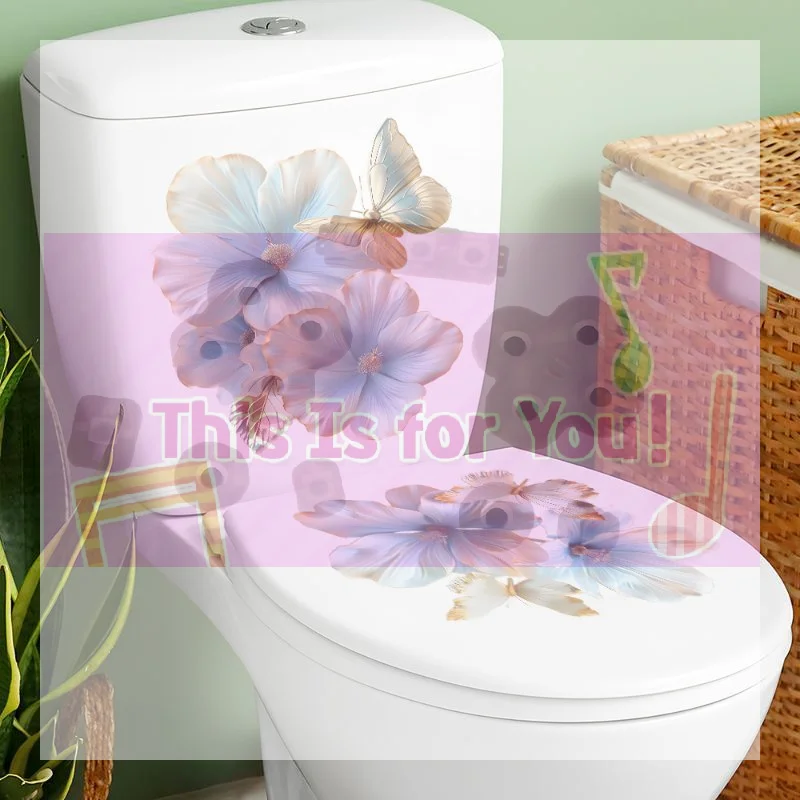【MA】Blue And Gold Floral Butterfly Toilet Sticker Bathroom Realistic Floor Decal Waterproof Anti-Slip Removable Bathtub Decor