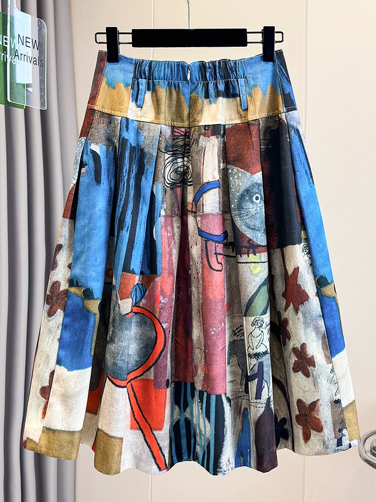 Casual Cotton Linen Women's Printed Long Skirt Vintage Artistic Double Layered Full A-Line  Midi Skirt for Autumn