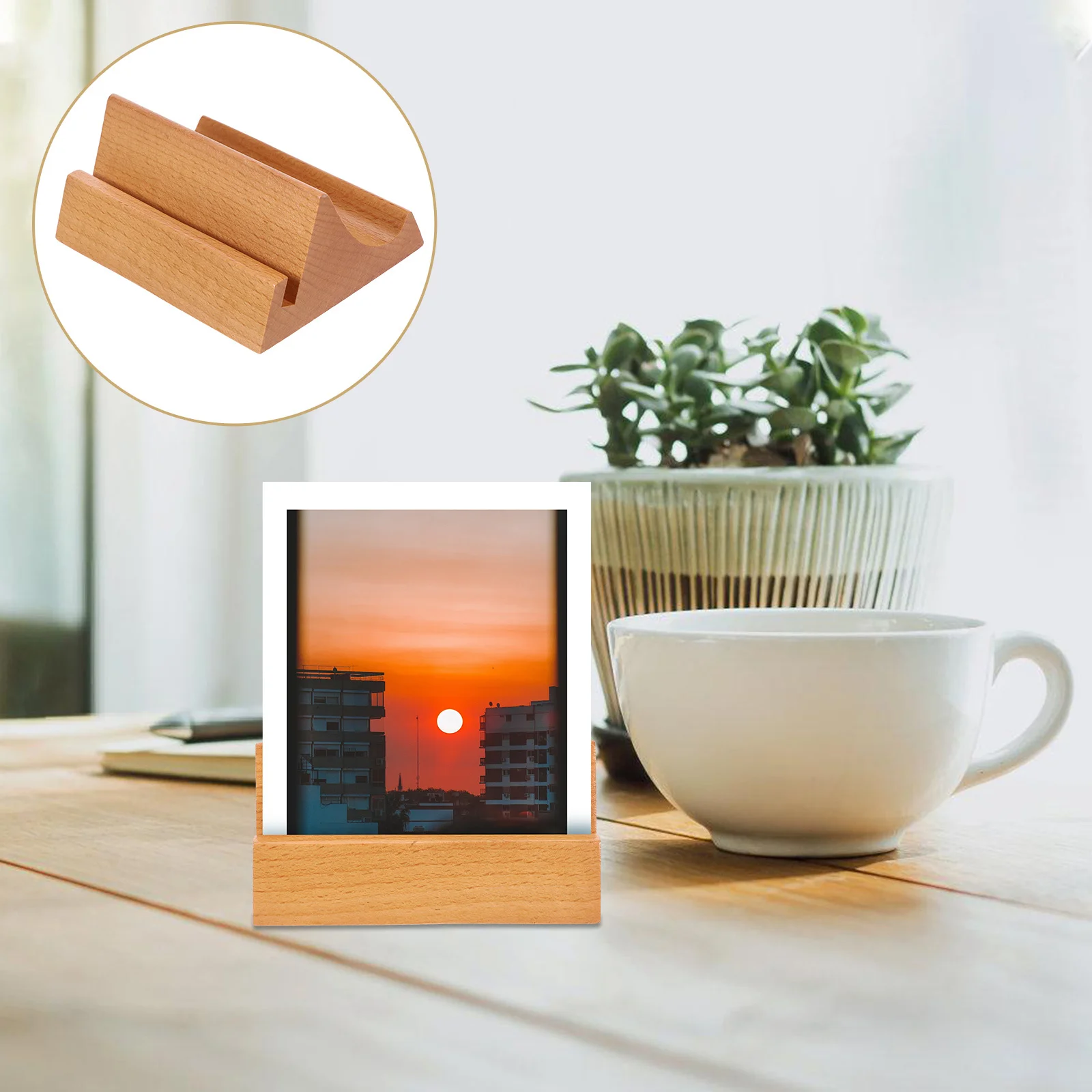 

1pc Wooden Desk Calendar Base Dual Slot Phone Card Holder Multifunctional Cellphone Stand Display Rack For Home Office