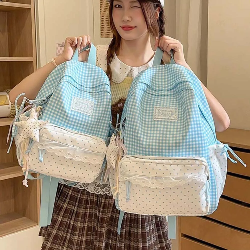 Korean Style Plaid Backpack Ruffle Design Pastel Color Lace Schoolbag Multi Pockets Adjustable Straps Gingham Daypack