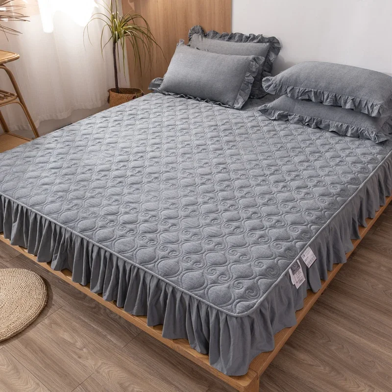 1pc Pure Cotton Bed Cover 침대커버 Quilted Mattress Protector Lace Style Fitted Sheet Solid Color Bedsheet (No Pillowcase)