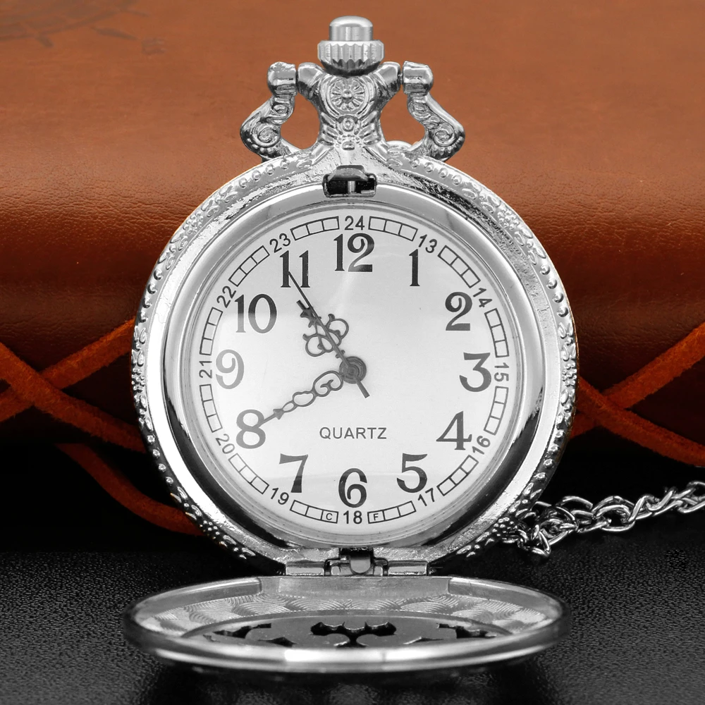 Silver Dad Exquisite Hollow Digital Display Quartz Pocket Watch Retro Men's and Women's Necklace Pendant Clock Gift