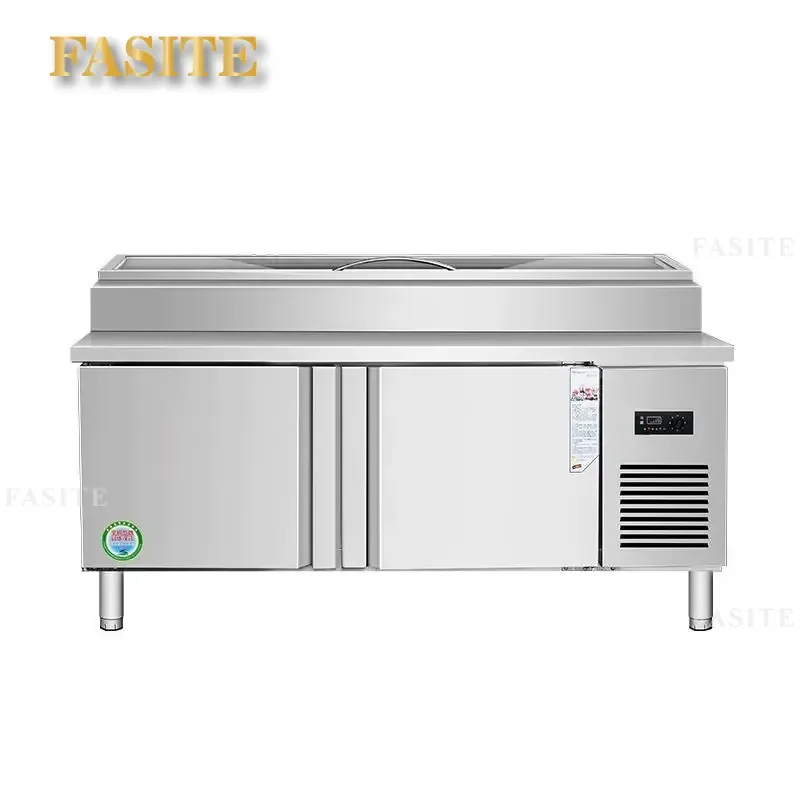 For Commercial Pizza Spreader Refrigeration Console Workbench Air-Cooled Salad Crisper Stainless Steel Kitchen Prep Table