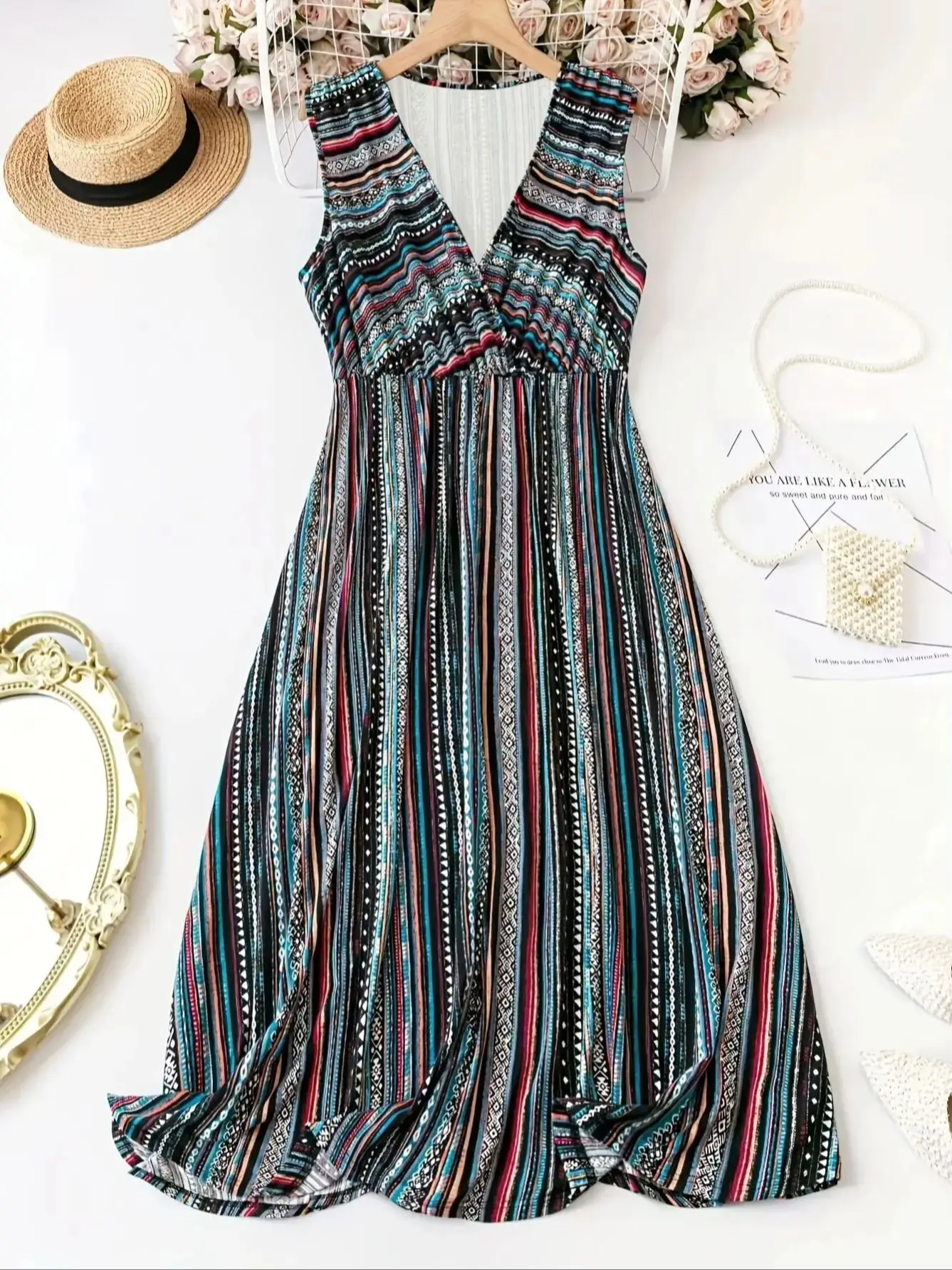 

Elegant Striped Print Sleeveless Dress, Casual Fashion Design, Perfect for Daily Wear & Special Occasions, Women's Clothing