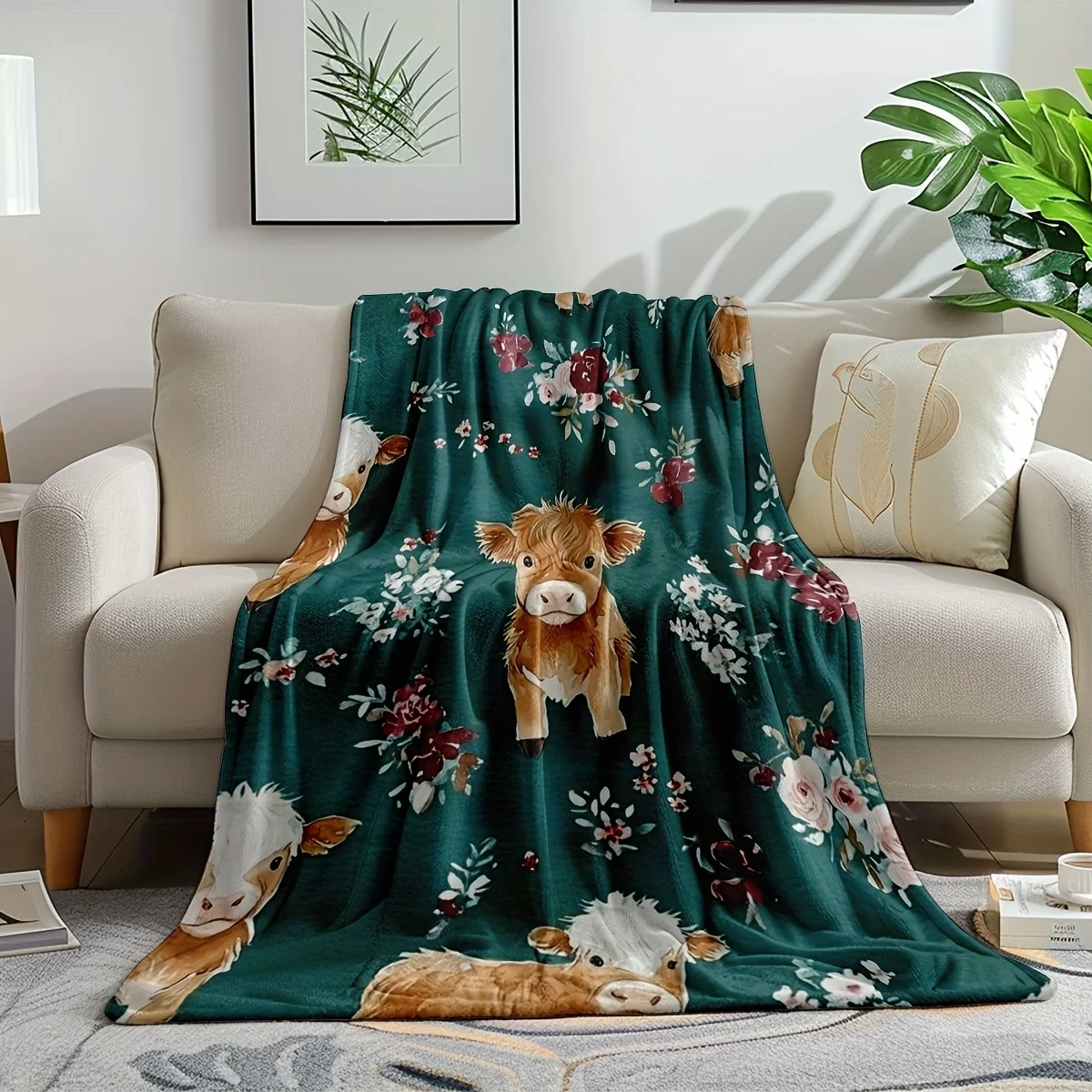 Floral Calf-Themed Flannel Blanket, Featuring Printed Calves and Colorful Floral Elements, in a Fresh Pastoral Style. Unisex Des