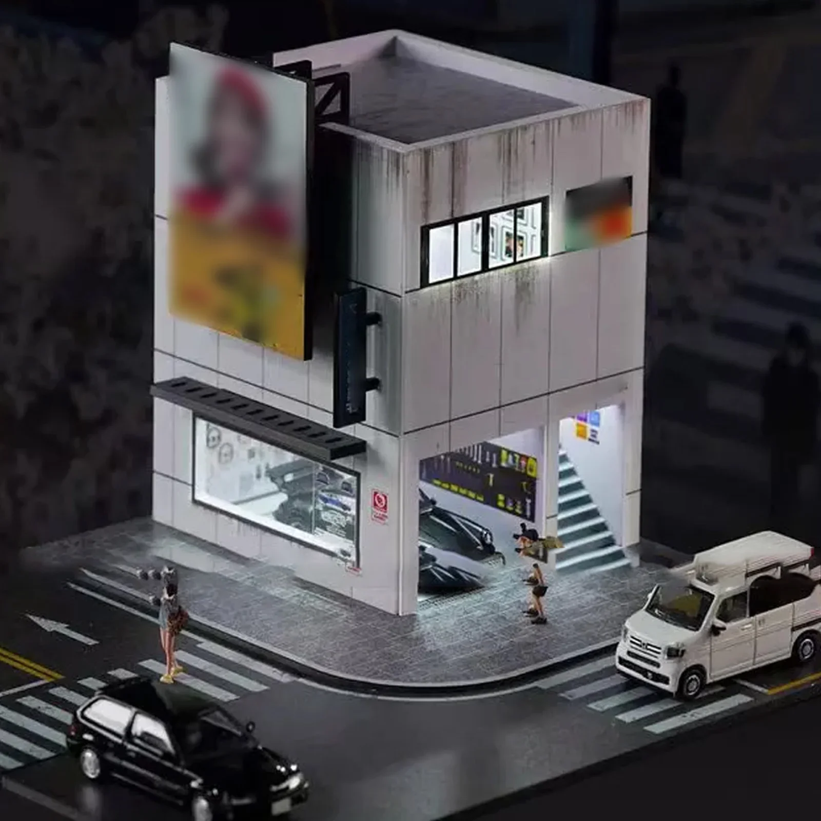 Modelo de garagem de carro Diorama em escala 1/64 com iluminação LED Mini exibição de cena de estacionamento de edifício de cidade