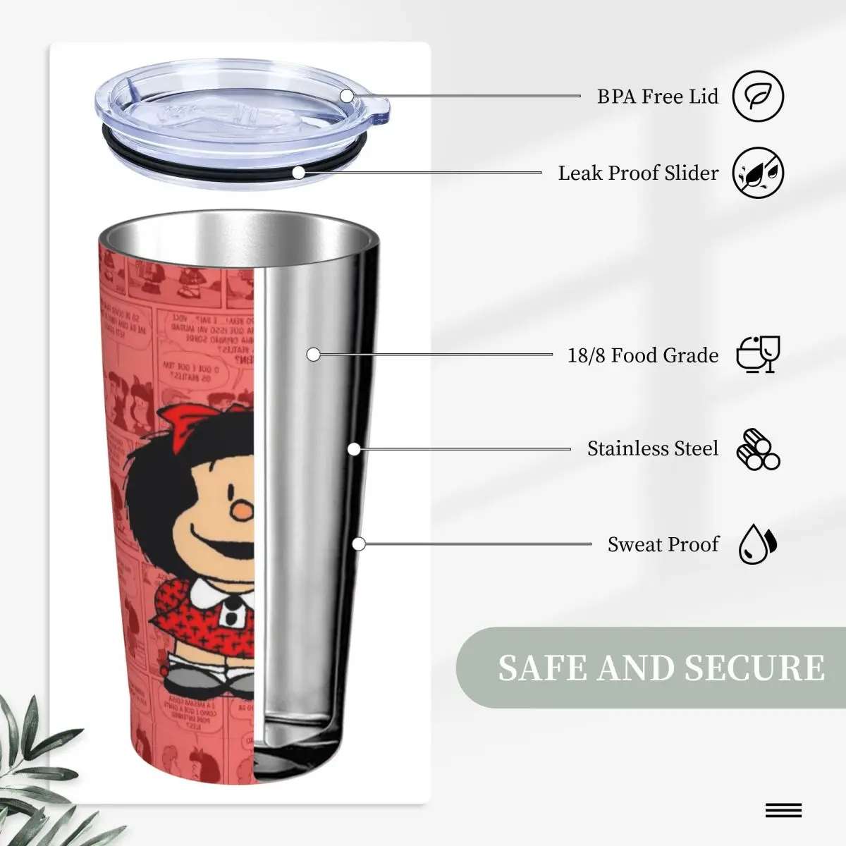 Mafalda Cartoon Tumbler Vacuum Insulated Anime Thermal Cup with Lid Straw Office Home Mugs Hot Cold Drink, 20oz