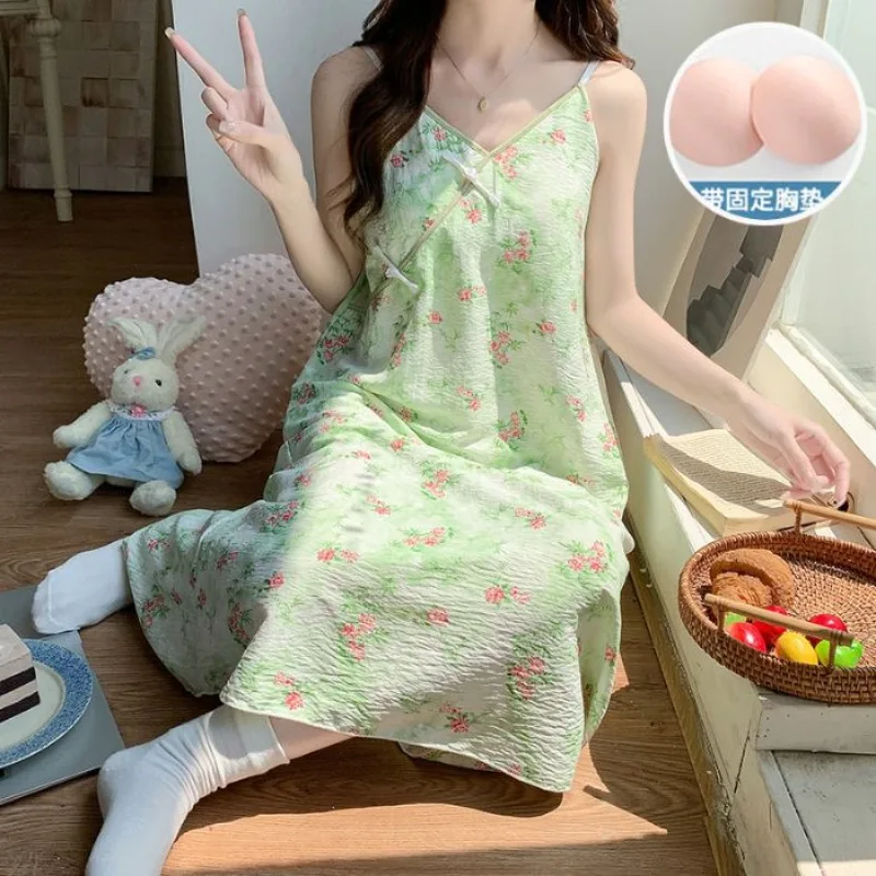 

2XL Chinese-style Summer Pajamas for Women with Chest Pads Loungewear Can Be Worn Outside Large Size Floral Suspender Home Dress