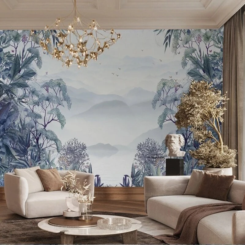 Modern simple and high-end blue bamboo misty landscape decoration picture TV luxury home bedroom background wall