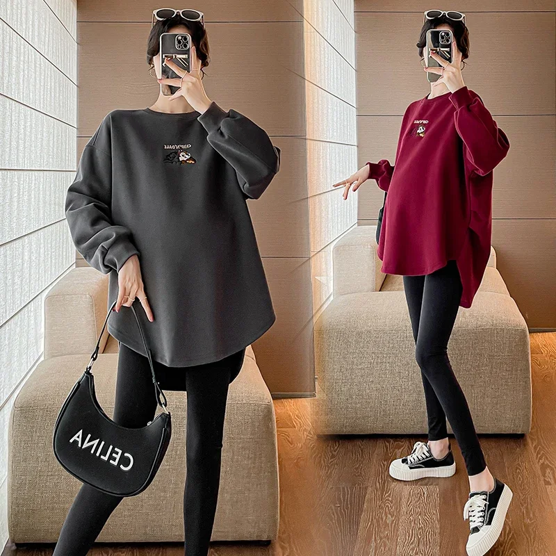 2024 Autumn Maternity Hoodies Fashion Embroidery Long Loose Irregular Pregnant Woman Sweatshirt Plus Size Pregnancy Pullover Top