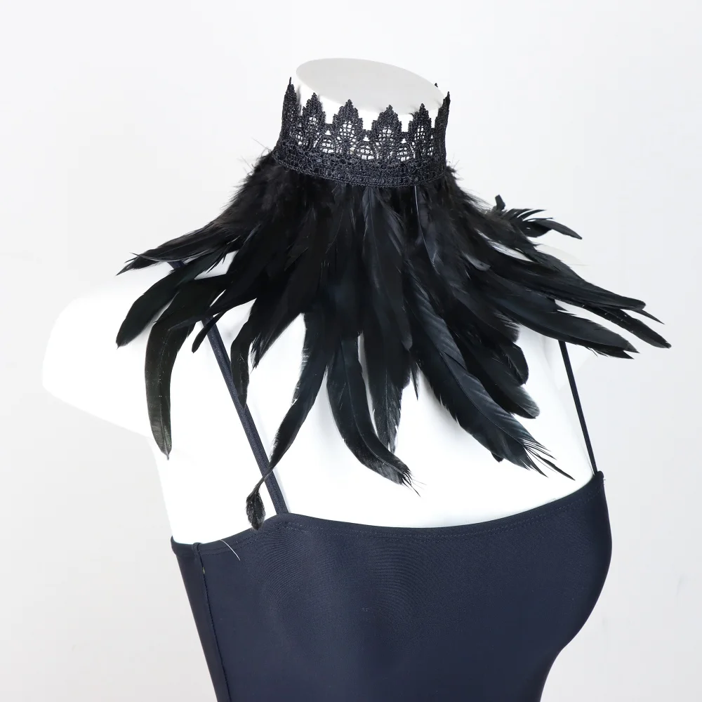 Collier ras du cou en plumes noires pour femmes, couverture de cou Sexy en dentelle, Cape Punk, châle, fête Cosplay, plume naturelle avec faux col en dentelle