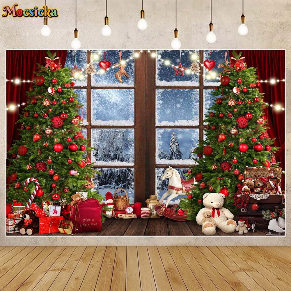 

Mocsicka Christmas Backdrop for Photography Xmas Tree Red Bells Curtains Window Snow Child Girl Portrait Background Photo Studio