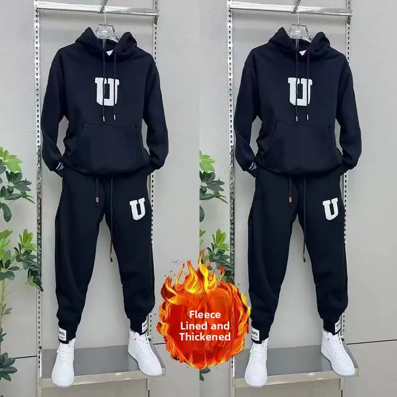

Новый модный спортивный костюм 2026 года: комплект из двух предметов, свободный крой, на флисовой подкладке, теплый, трендовый худи и спортивные брюки, повседневная молодежная осенняя одежда