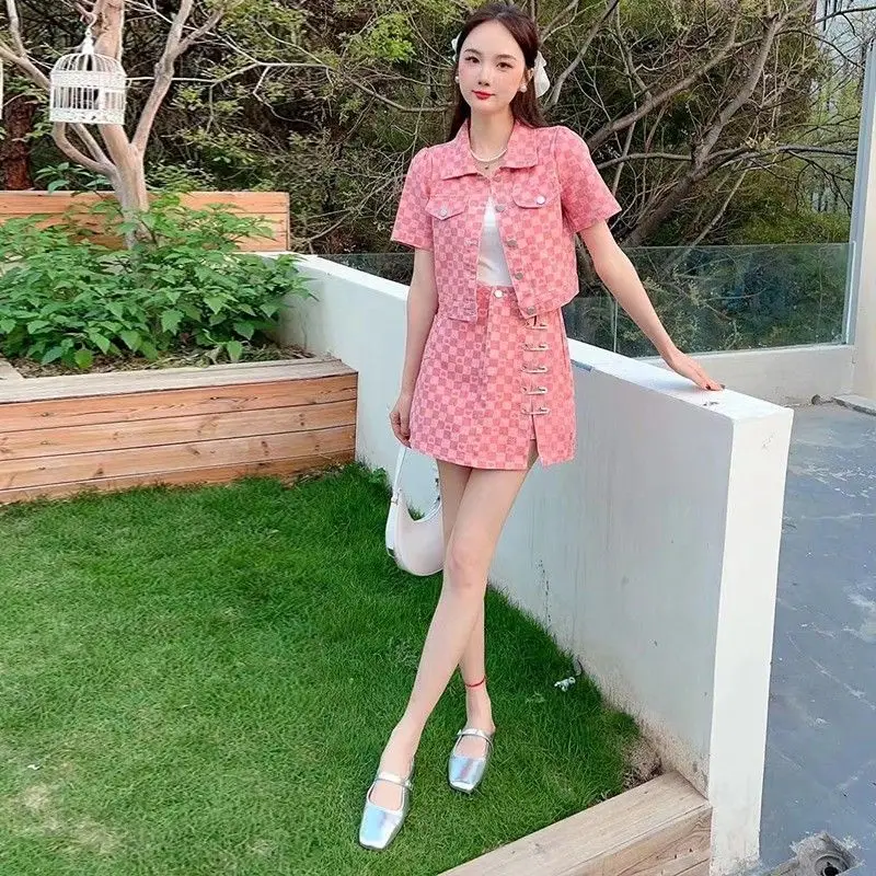 

Plaid 2 Pieces Skirt Sets for Women Vintage Summer Fashion 2025 Top and Bottom New in The Same Matching Full Denim Woman Outfit