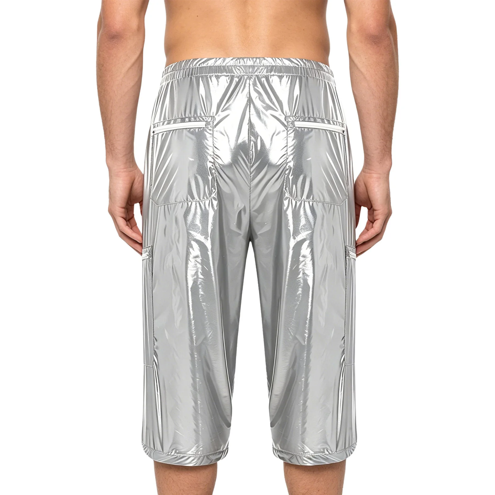 Mens Oil Glossy Cargo Shorts Waterproof Elastic Waist Band Multi-pocket Zipper Overalls Capri Pants Swimwear Rave Party Clubwear
