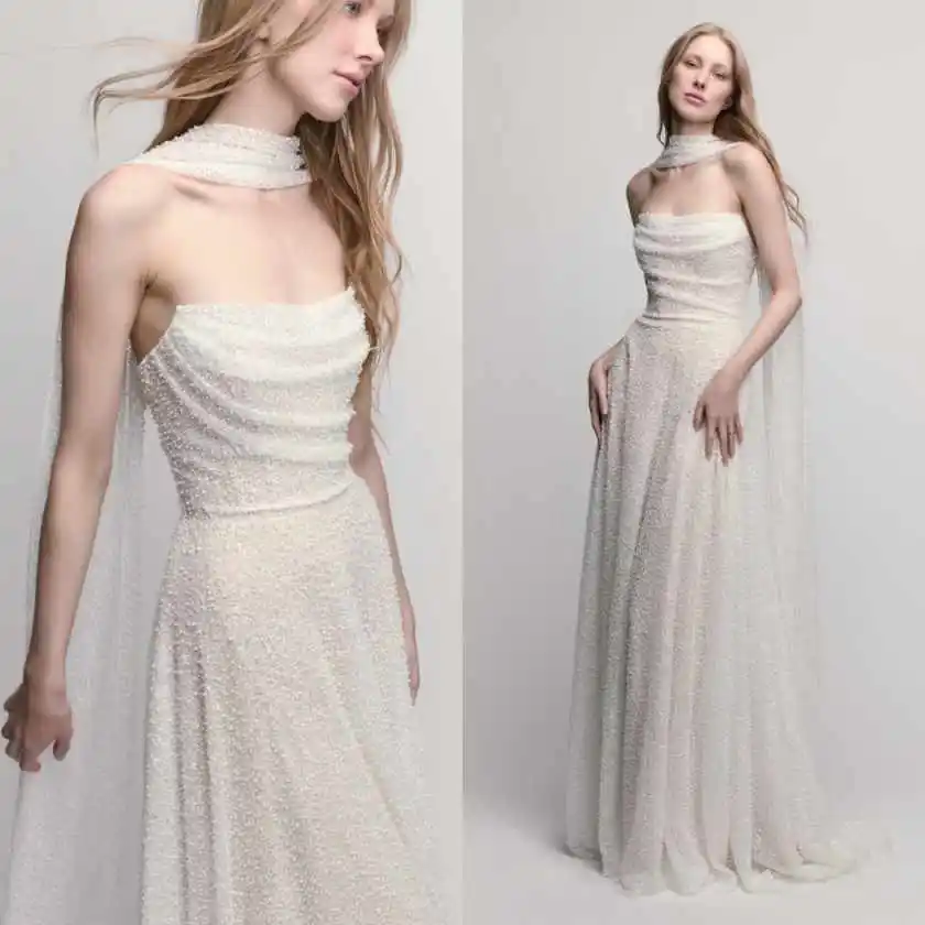 

Stunning Sequin Strapless Wedding Dress Backless Sweep Train A-Line Formal Bridal Gala Outfit Vestido De Novia Customized