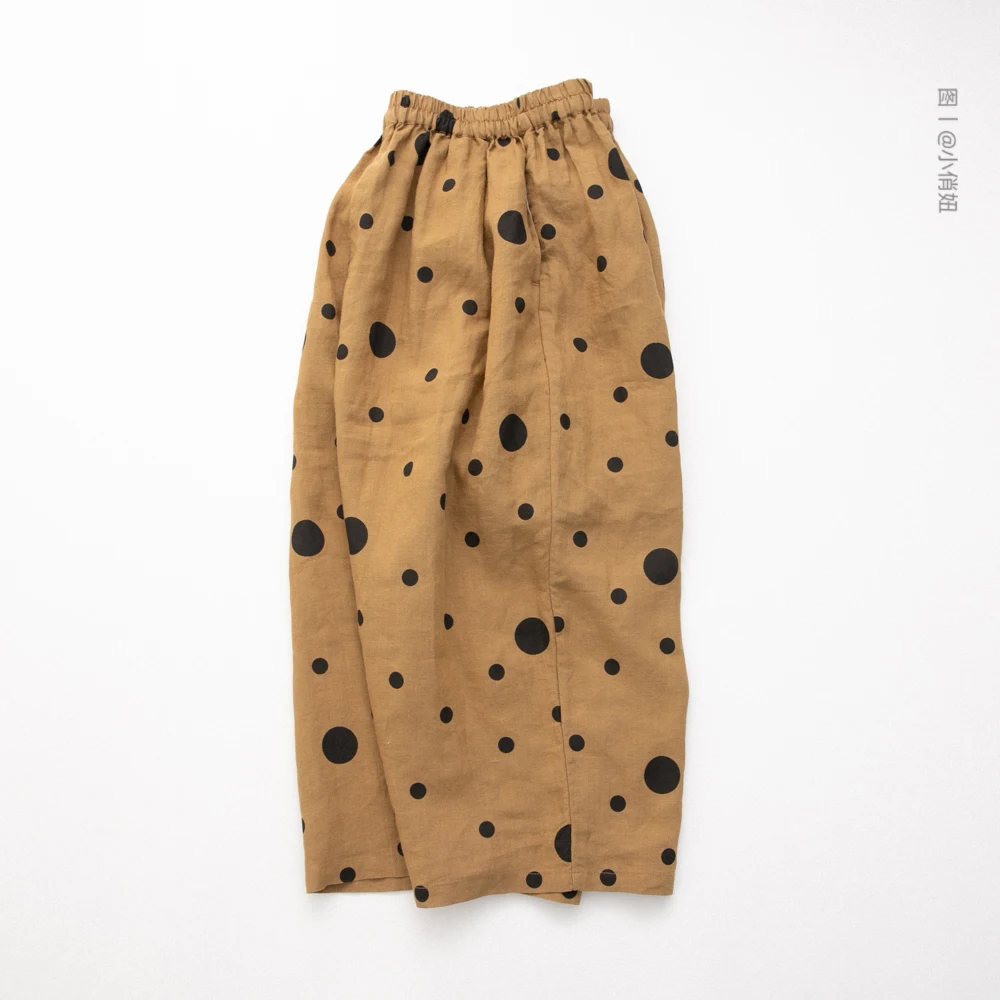 

Summer Women Casual Loose Polka Dots All-match Japan Style Comfortable Natural Ramie Trousers Elastic Waist Wide Leg Pants