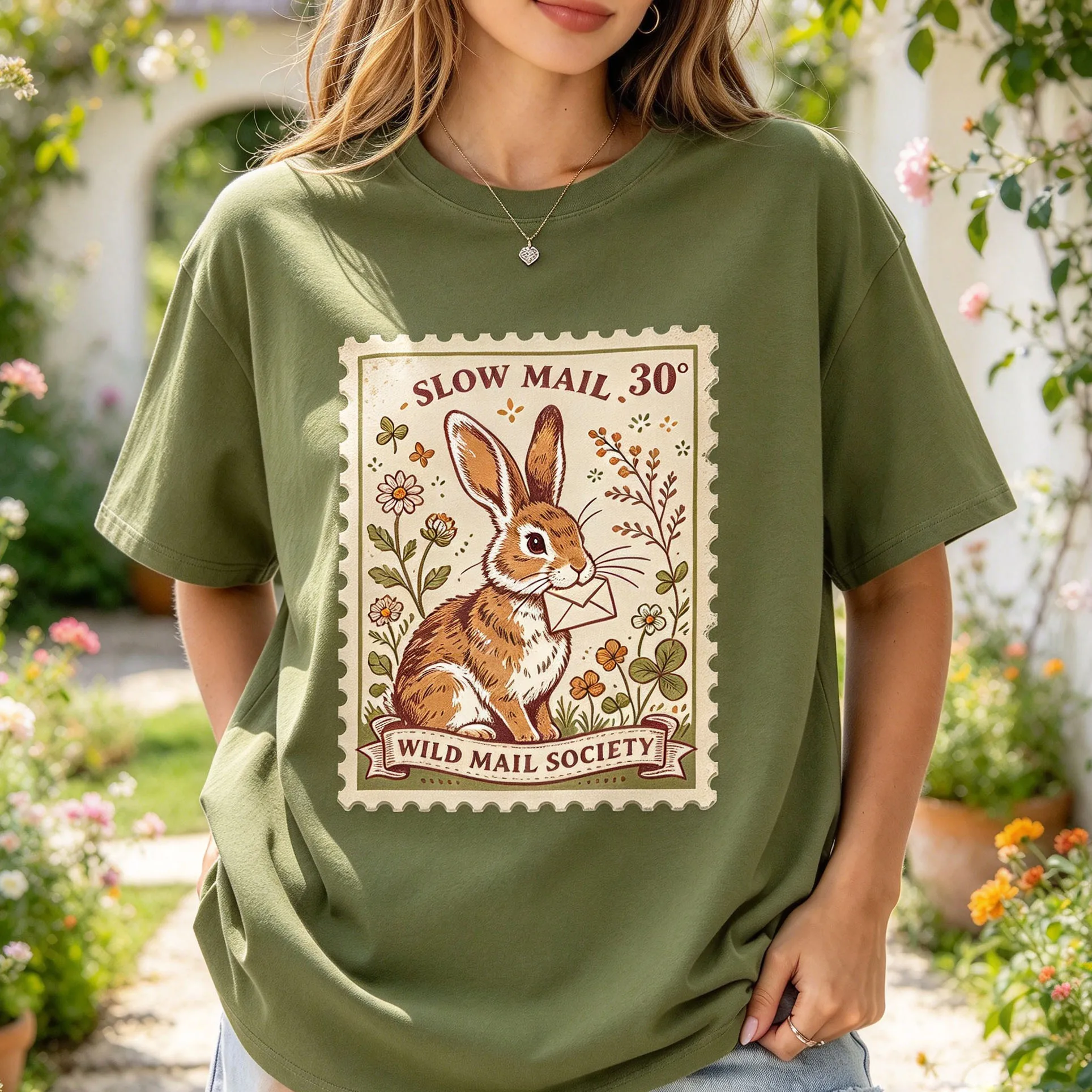 Women Slow Mail Vintage Stamp Rabbit With Envelope Graphic T Shirt Retro Wild Flower Casual Short Sleeve Tee