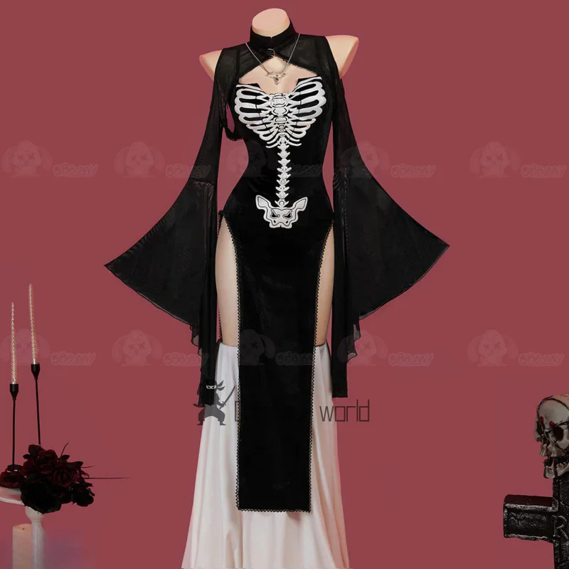 Robe noire gothique Sexy pour Halloween, poème squelette, Costume de Cosplay, collier, uniforme, vêtements de fête de carnaval et de noël