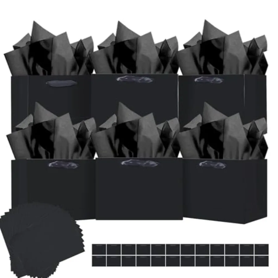 

Deep Black Gift Wide Bags with Tissue Paper for Wedding, Birthday, Party plies-7.9"x4.3"x9.6" Medium Size Cardboard Gift Bags 2