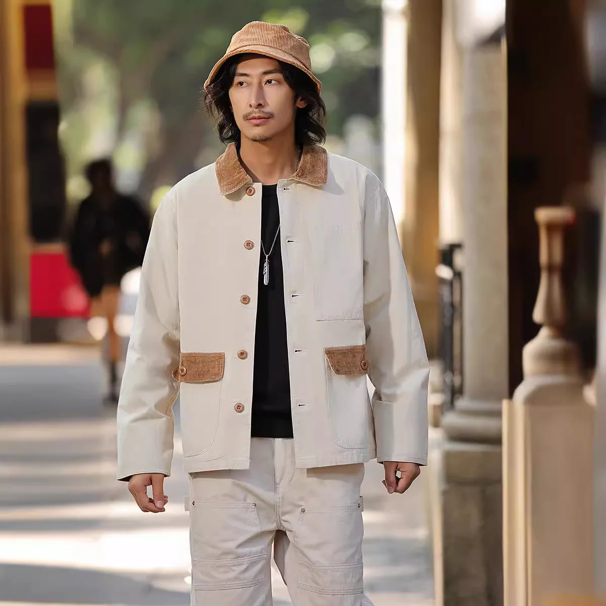 

OKONKWO Color-Block Corduroy Collar Work Jacket Canvas Railway Worker Coat Men's Classic Workwear