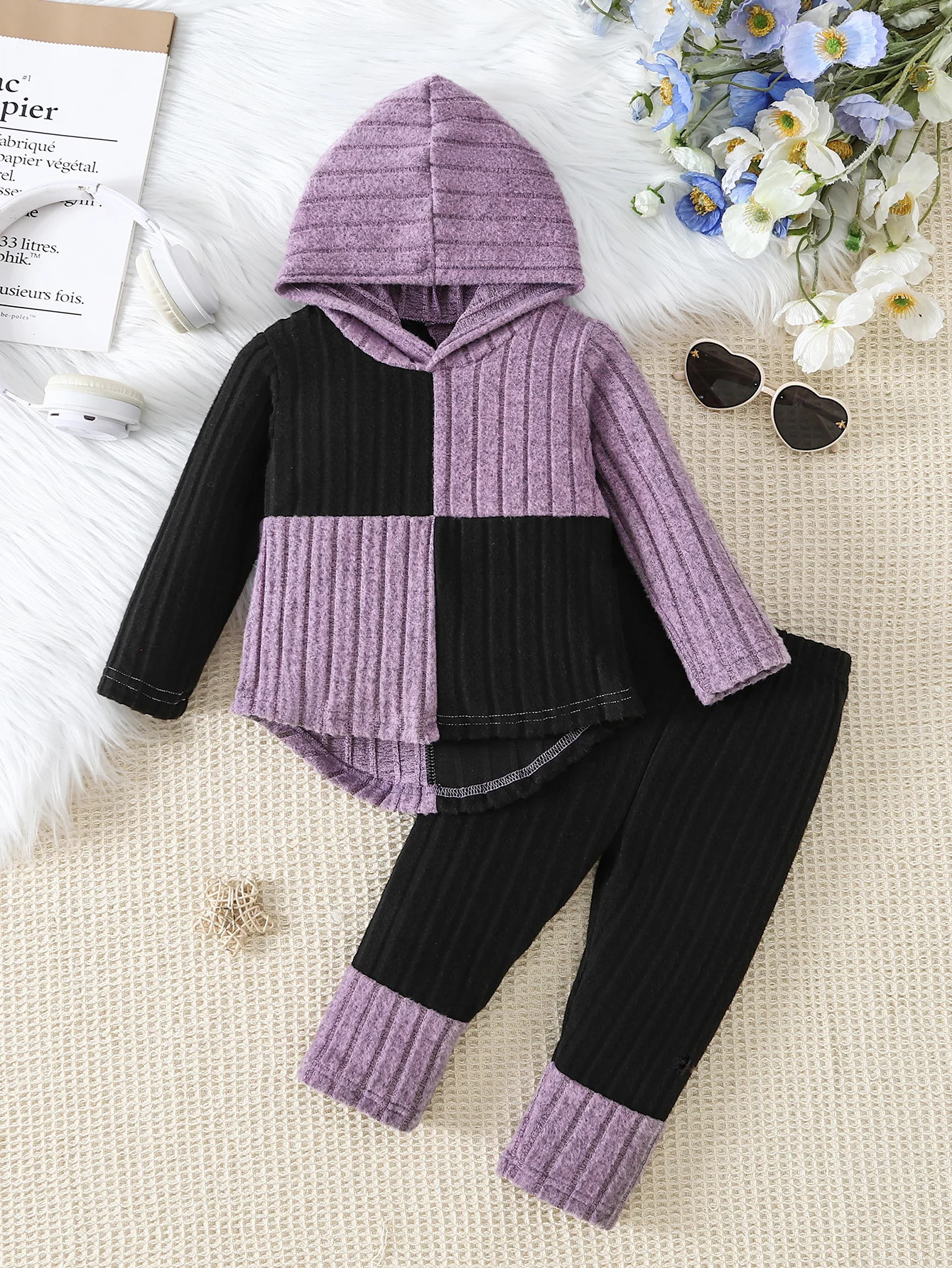 Baby Girl 6M-18M 2Pcs Outfit Color Block Hooded Top + Pants Set Ribbed Knit Long Sleeve Infant Fall Winter Casual Clothes