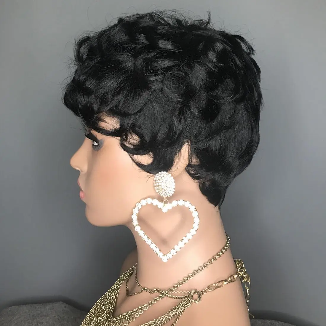 Perruque Pixie Courte Bouclée pour Femme Noire, Cheveux Synthétiques, Naturelle, Ondulée, Coupe Pixie W
