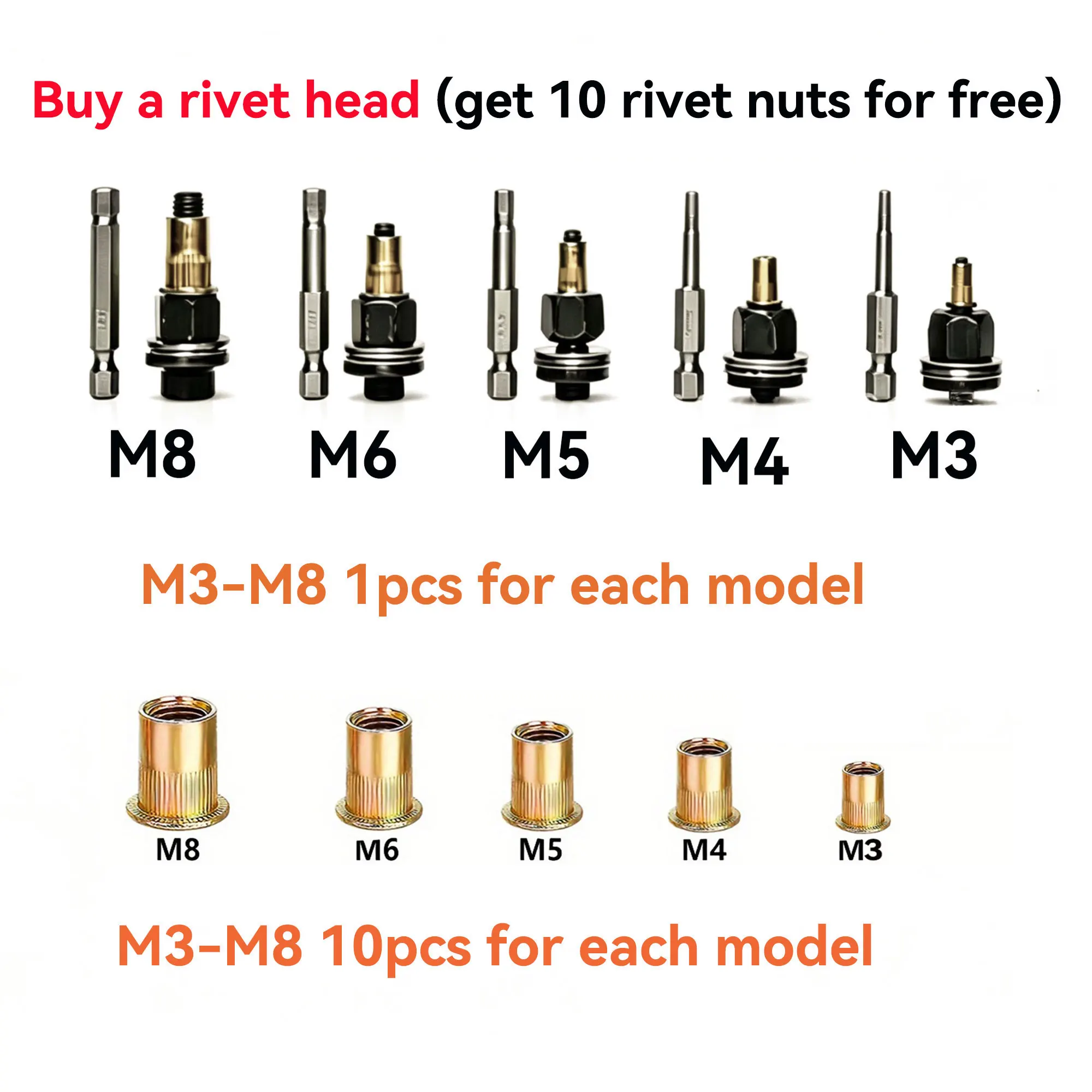10Pcs Riveting Tool Set with Rivet Heads and Nuts, Easy Manual Rivet Gun for Rivet Nuts M3-M8