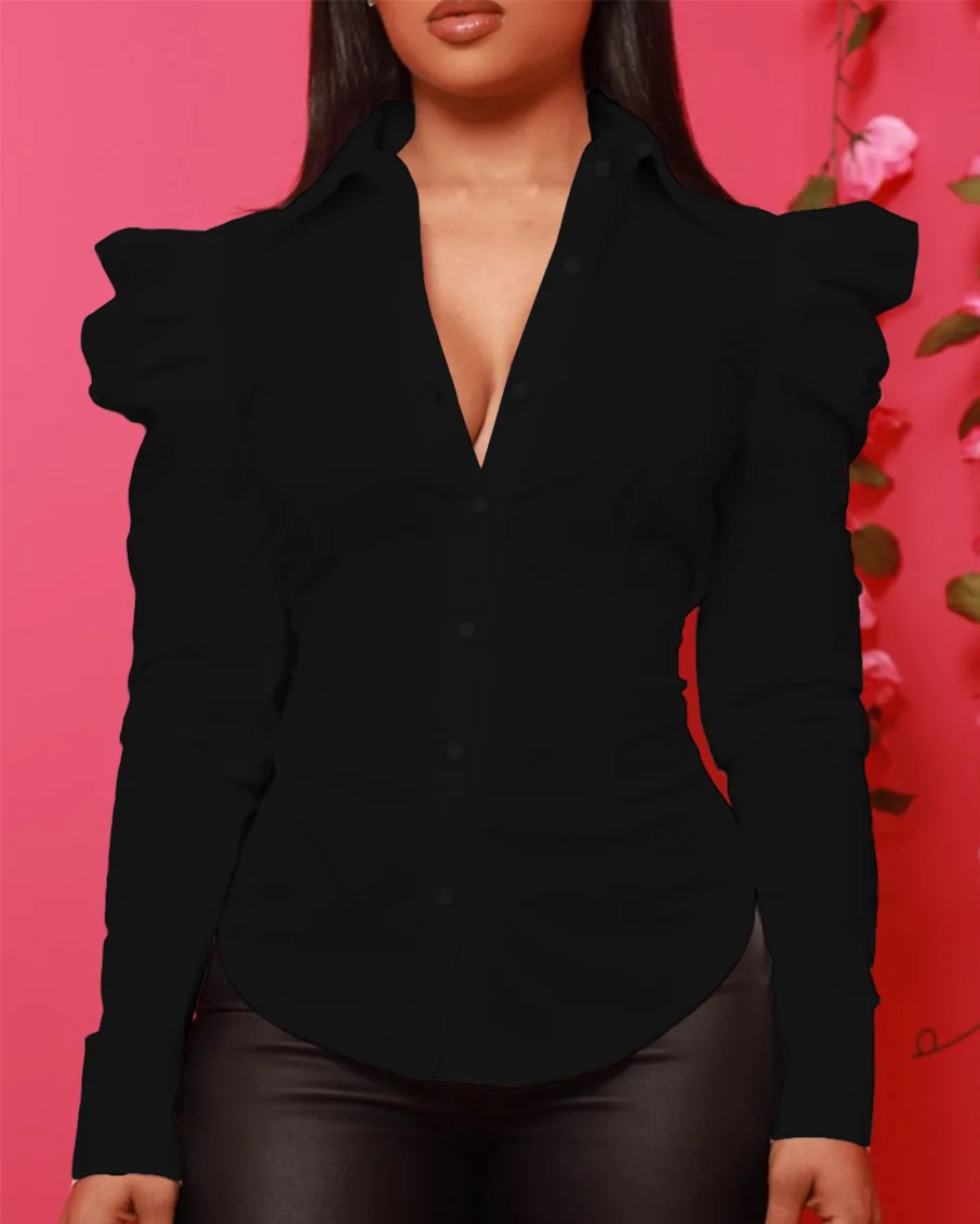 

Women's T-Shirt White Waist Cinched Slim Fit Bubble Sleeves Polo Collar Autumn Fashion Base Button Long Sleeved Shirts