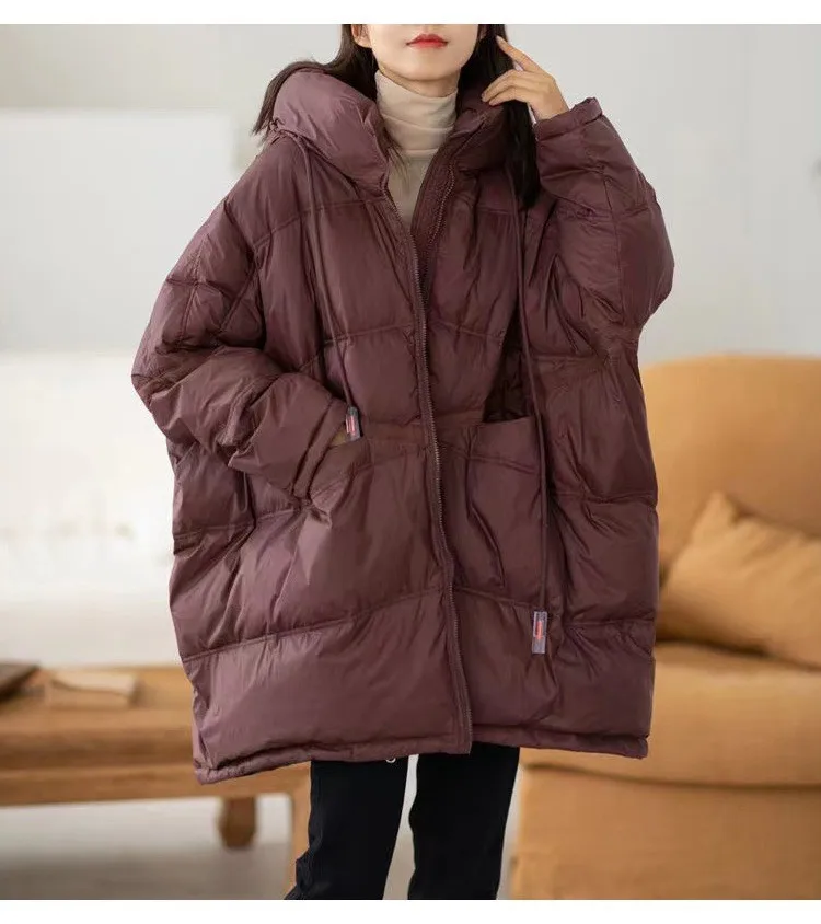2025 New Winter Women 90% White Duck Down Jacket Casual Loose Over Size Warm Parka Female Drawstring Hooded Puffer Coat
