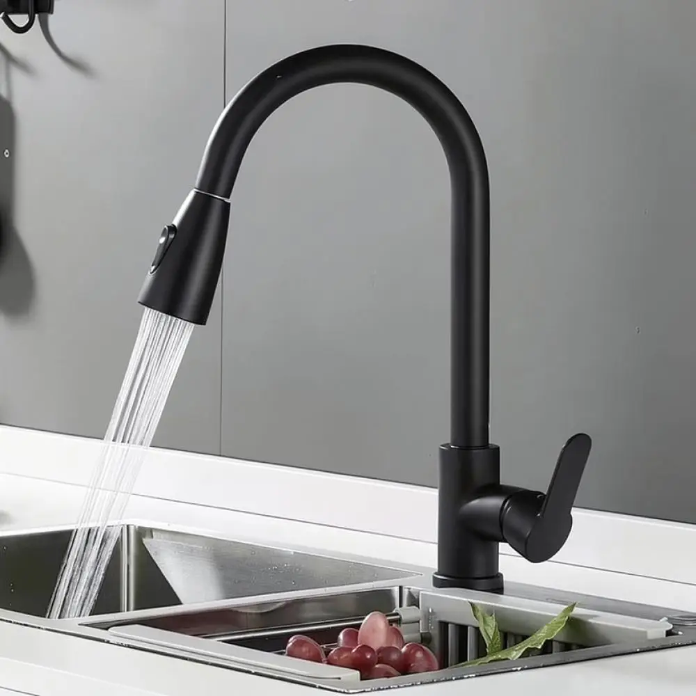 Modern Kitchen Faucet Pull Out Sprayer Stainless Steel Sink Mixer Tap Flexible Swivel Spout Cold Hot Water Black Basin Tap