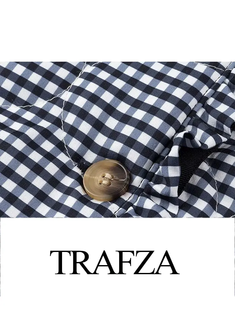 TRAFZA-Jaqueta de Algodão Xadrez Reversível Feminina, Gola Redonda, Decorada com Renda, Single-Breasted, Retro, Elegante, Inverno